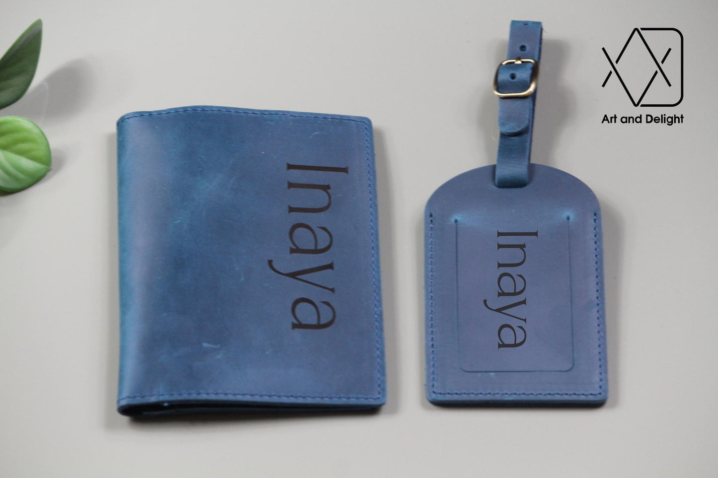 Personalized Leather Passport Cover and Luggage tag set