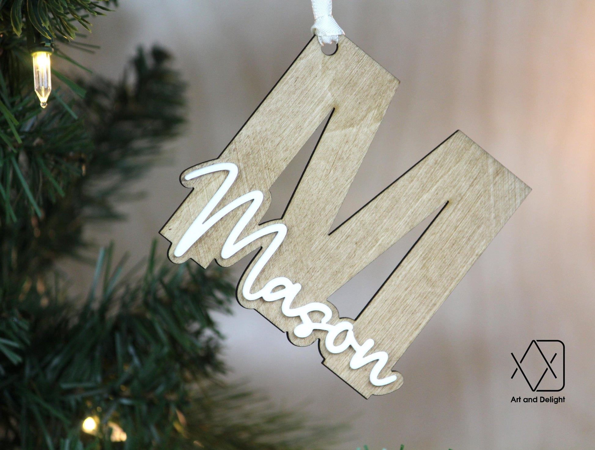 Personalized Name Wood Acrylic Letter Christmas Ornament, Custom Name Ornament, Custom Holiday Keepsake, Initial Monogram Rustic Ornament