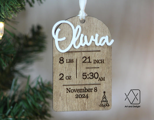 Baby’s First Christmas Ornament - Name, Birthdate, Weight –Wood & Acrylic Keepsake | Personalized Birth Stat Ornament | Gift for New Parents