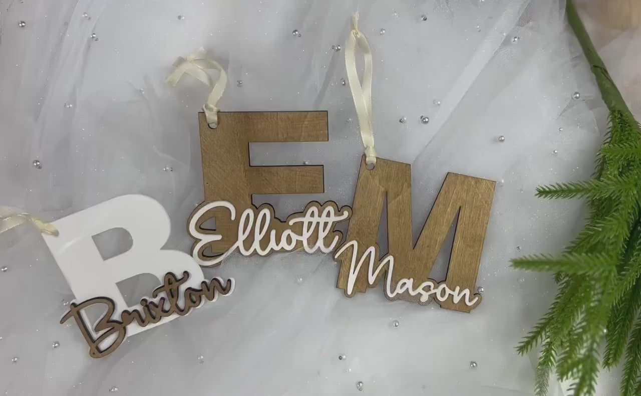 Stocking Name Tag wood, Personalized Name Wood Acrylic Letter Christmas Ornament, Custom Name Ornament, Initial Monogram Rustic Ornament