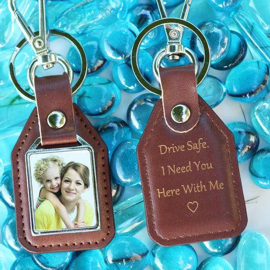 Personalized Leather Double Side Photo Keychain| Drive Safe | 3rd Leather Anniversary - Birthday, Wedding, Daddy, Grandpa Fathers Day Gift