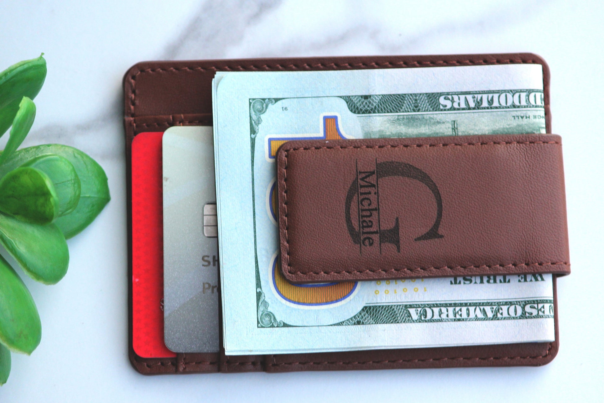 Christmas Gift, Personalized Leather Magnetic Money Clip, Free Wallet Photo Card - Birthday, Anniversary Gift