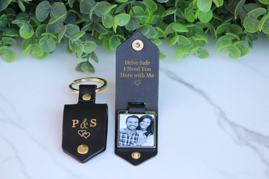 Personalized Leather Photo Keychain, Drive Safe, First Time Dad Mom Gift - Birthday, Anniversary, Memorial Daddy, Grandfather, Father's Day