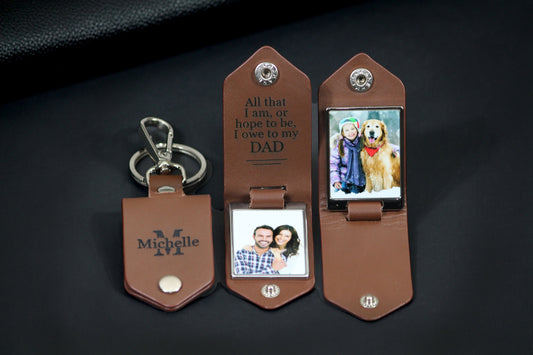 Fathers Day Gift with Initials, Personalized Leather Photo keychain, Drive Safe, Personal Handwritten Message - Birthday, Anniversary