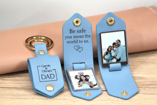 Personalized Leather Photo Keychain, Drive Safe, First Time Mom Dad, Grandpa Gifts - Birthday, Anniversary, Father's Day Gift -Gold Hardware