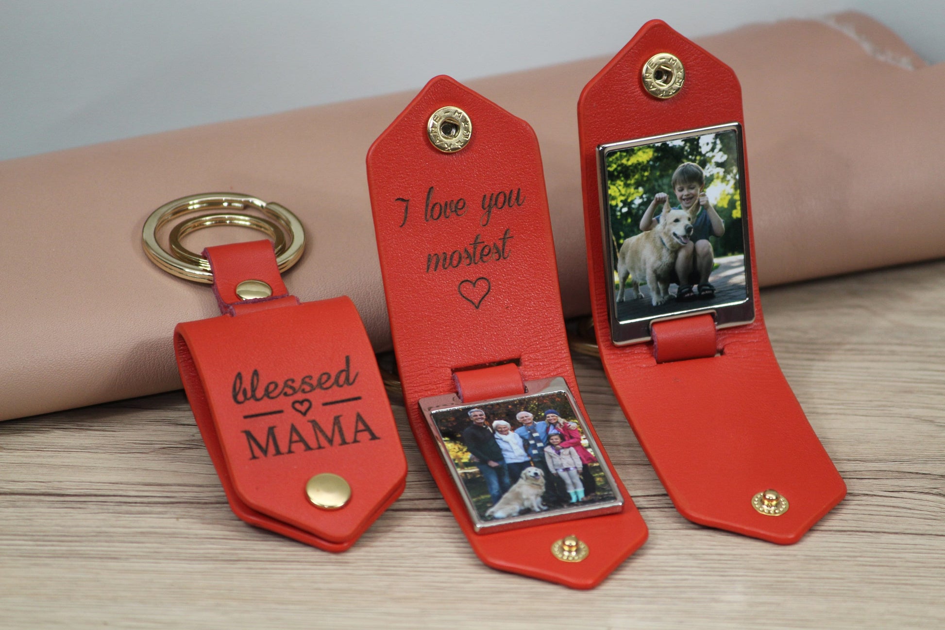 Personalized Leather Photo Keychain, Drive Safe - Birthday, Anniversary, Christmas Gifts, Car Accessories - Gold Hardware