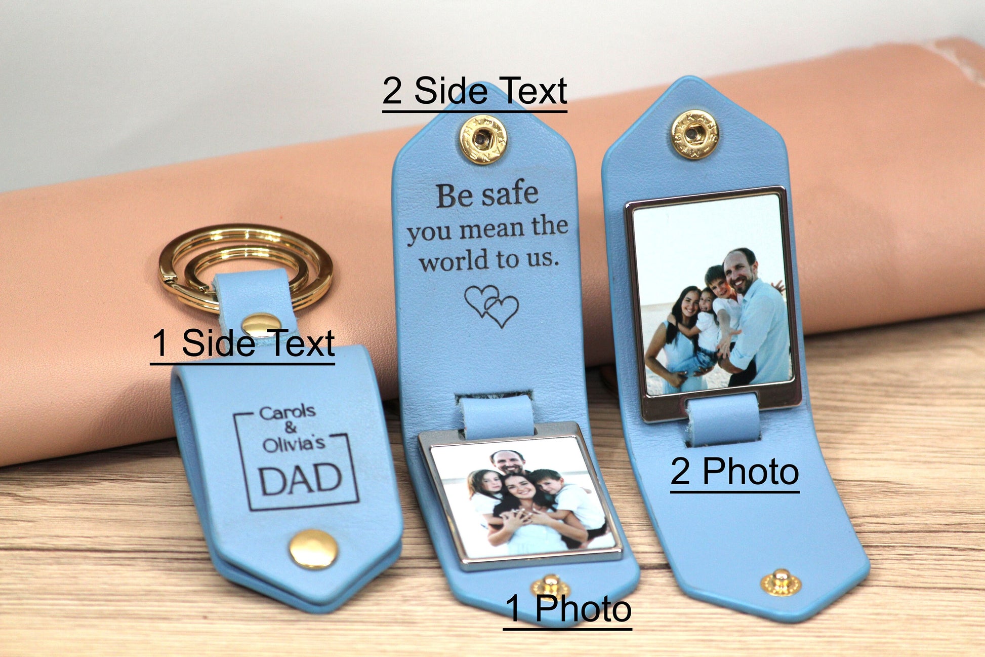 Personalized Leather Photo Keychain, Drive Safe - Birthday, Anniversary, Father's Day, Mother's Day, Christmas Gifts - Gold Hardware