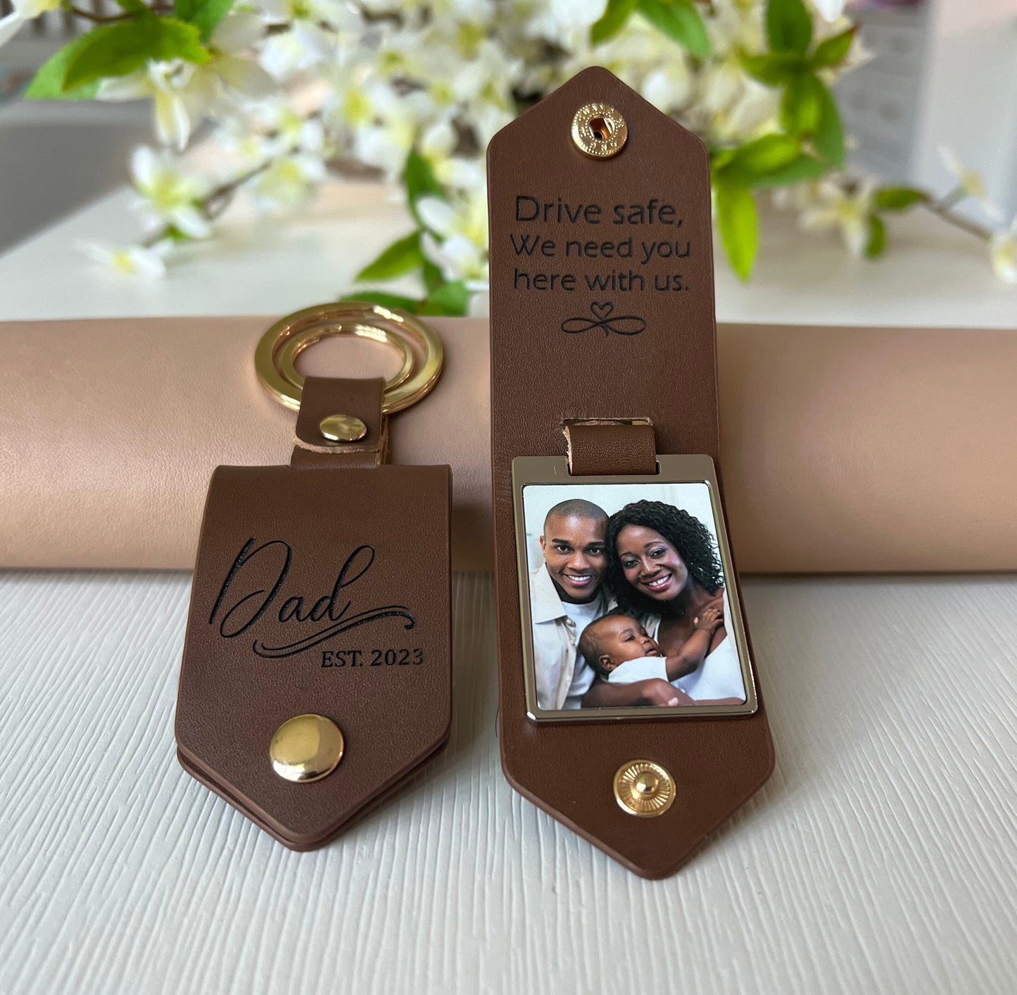 Personalized Leather Photo Keychain, Drive Safe - Birthday, Anniversary, Christmas Gifts, Car Accessories - Gold Hardware